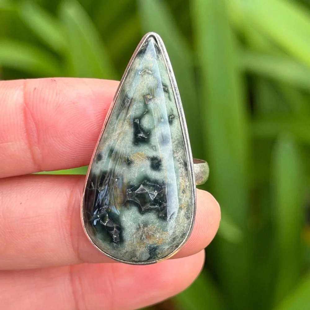 Size 9.75 925 silver‎ plated green ocean jasper ring 0871